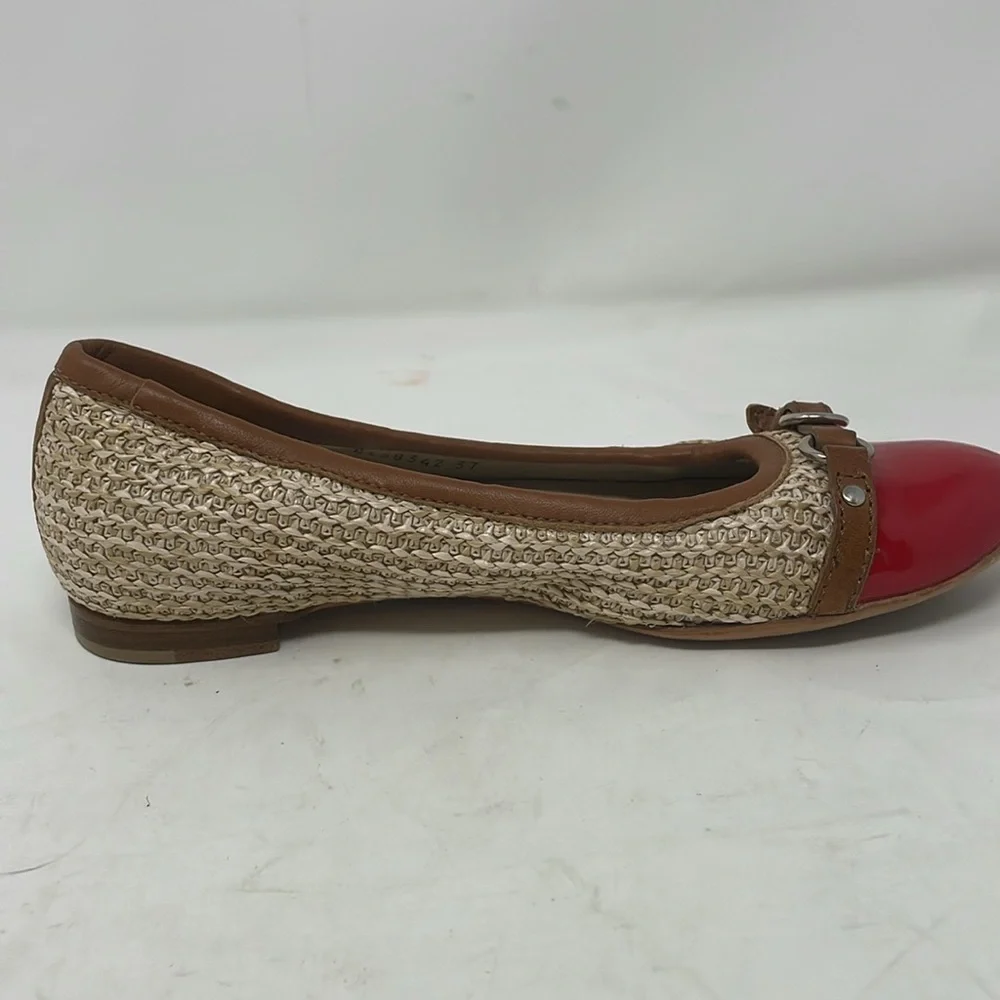 AGL Attilio Giusti Leombruni Red Patent Tan Straw Woven Ballet Flats Size 37